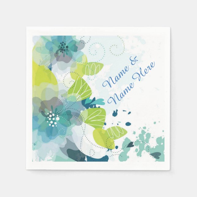 Blue Floral Custom Name Paper Cocktail Napkins (Front)