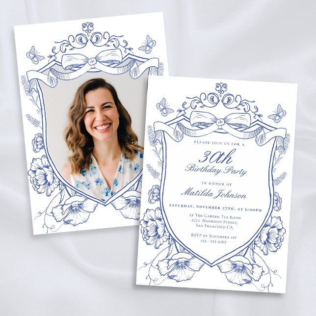 Blue Floral Custom Photo 30th Birthday Party Invitation (Blue Floral Custom Photo 30th Birthday Party Invitation)