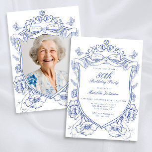 Blue Floral Custom Photo 80th Birthday Party Invitation
