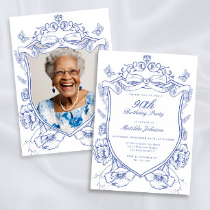 Blue Floral Custom Photo 90th Birthday Party Invitation