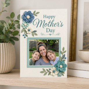 Blue Floral Custom Photo Happy Mother's Day Card