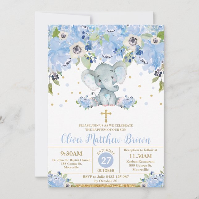 Blue Floral Cute Elephant Baptism Christening Invitation (Front)