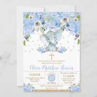 Blue Floral Cute Elephant Baptism Christening