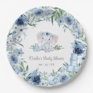 Blue Floral Cute Elephant Boy Baby Shower Paper Plate
