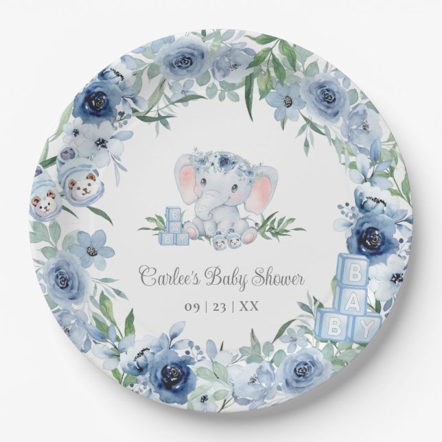 Blue Floral Cute Elephant Boy Baby Shower Paper Plate (Front)