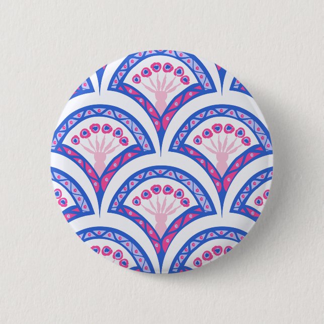 blue floral damask pattern  6 cm round badge (Front)