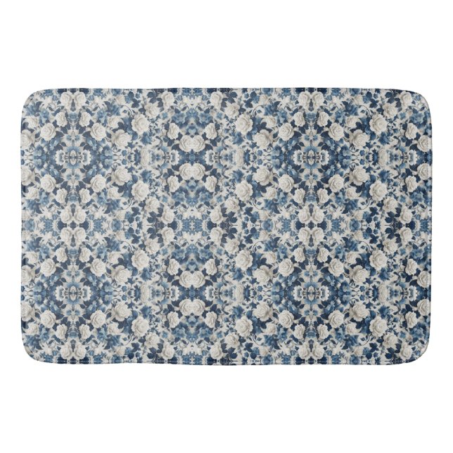Blue Floral Damask Pattern Blanket Bath Mat (Front)