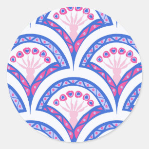 blue floral damask pattern classic round sticker