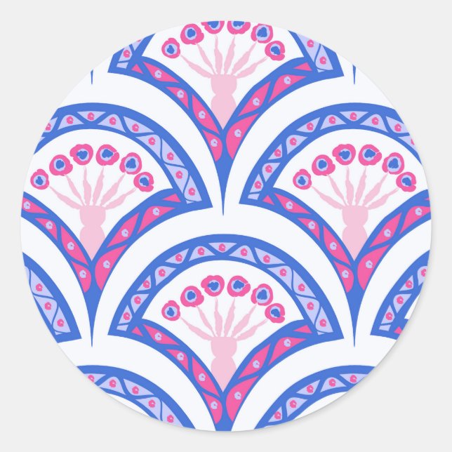 blue floral damask pattern  classic round sticker (Front)