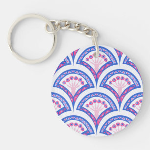 blue floral damask pattern key ring