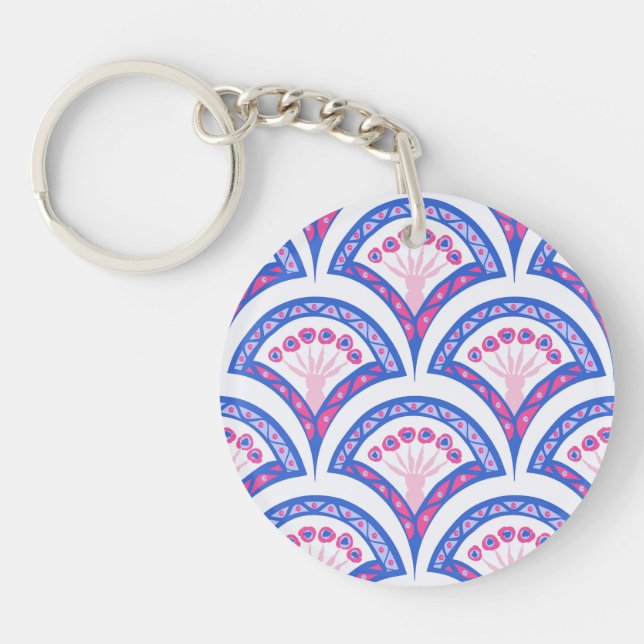 blue floral damask pattern  key ring (Front)