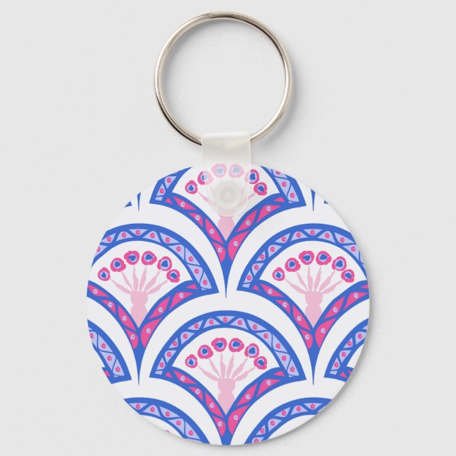blue floral damask pattern  key ring (Front)