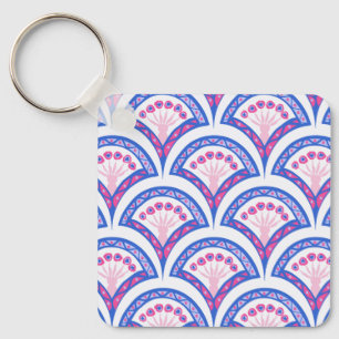 blue floral damask pattern key ring