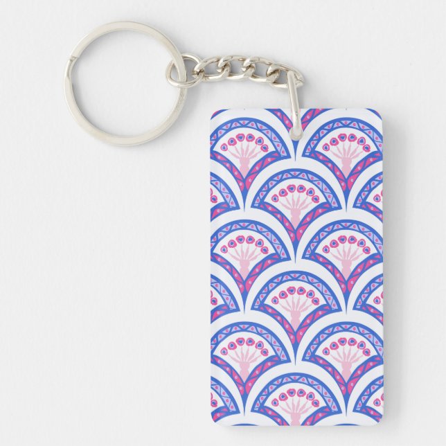 blue floral damask pattern  key ring (Front)