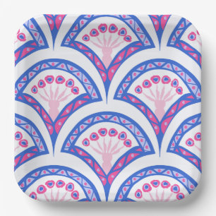 blue floral damask pattern paper plate