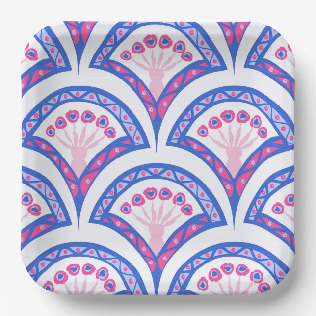 blue floral damask pattern  paper plate (Front)