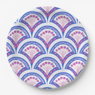 blue floral damask pattern paper plate