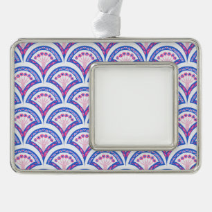 blue floral damask pattern  silver plated framed ornament