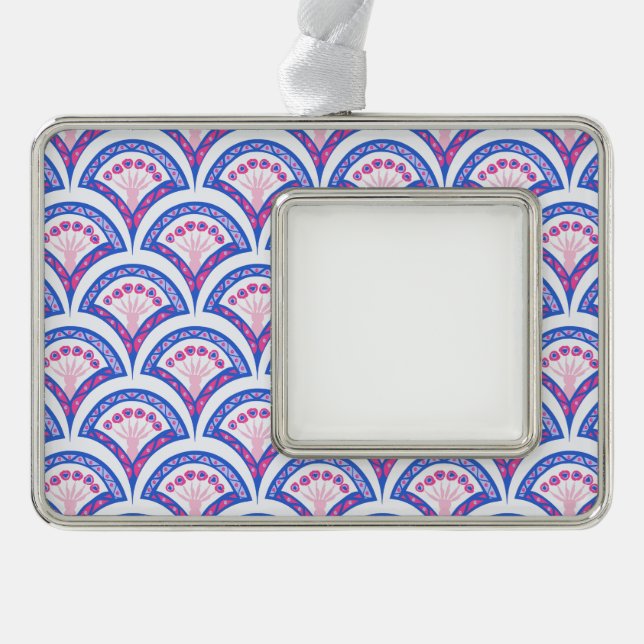 blue floral damask pattern  silver plated framed ornament (Front)