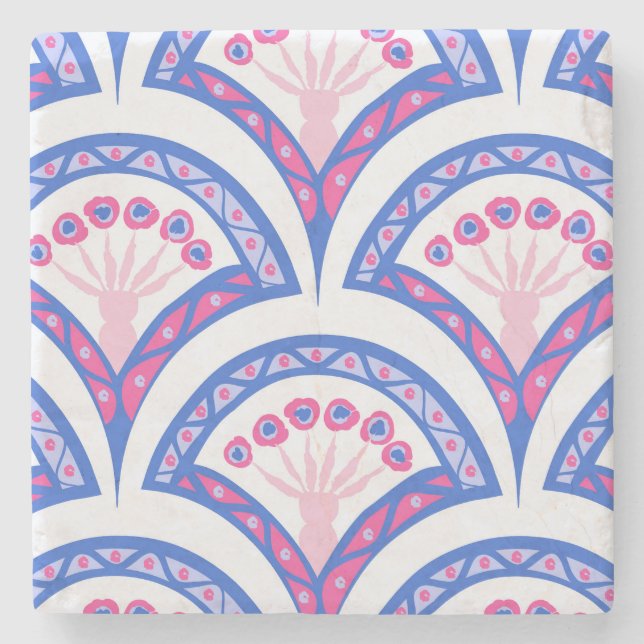 blue floral damask pattern  stone coaster (Front)