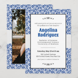 Blue Floral Damask Photo Graduation Invitation