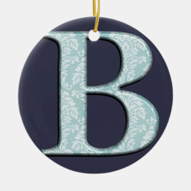 Blue Floral Damask Print B monogram initials Ceramic Tree Decoration (Front)