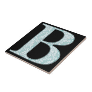 Blue Floral Damask Print B monogram initials Tile