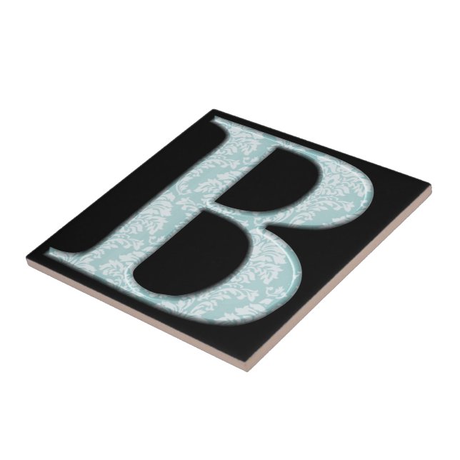 Blue Floral Damask Print B monogram initials Tile (Side)