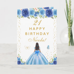 Blue Floral Dark Skin Girl Birthday Card