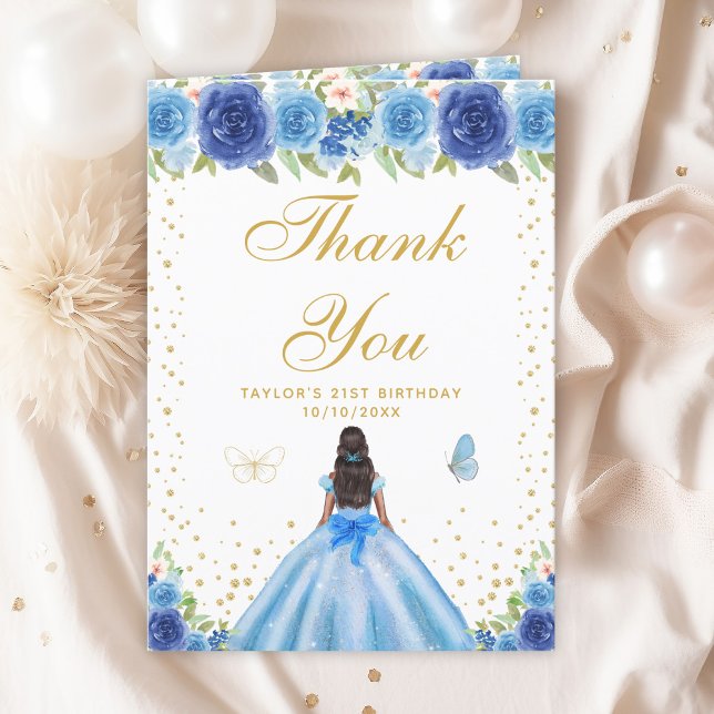 Blue Floral Dark Skin Girl Birthday Party Thank You Card (Creator Uploaded)