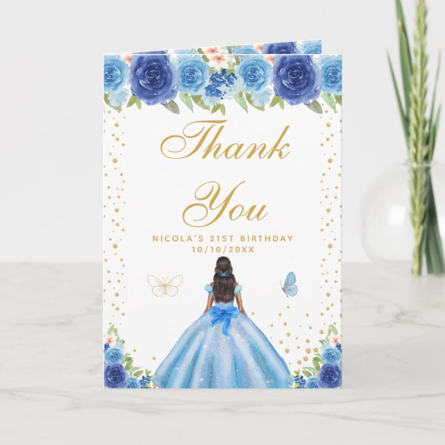 Blue Floral Dark Skin Girl Birthday Thank You Card (Front)