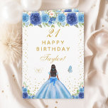 Blue Floral Dark Skin Girl Happy Birthday Card<br><div class="desc">This elegant and glamourous birthday card can be personalised with a name or title such as daughter, granddaughter, niece, friend etc. The design features a beautiful princess with dark hair and dark skin in a blue ball gown. The text combines handwritten script and modern sans serif fonts for a classy...</div>