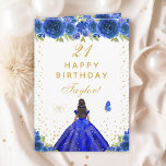 Blue Floral Dark Skin Girl Happy Birthday Card<br><div class="desc">This elegant and glamourous birthday card can be personalised with a name or title such as daughter, granddaughter, niece, friend etc. The design features a beautiful princess with dark hair and dark skin in a royal blue ball gown. The text combines handwritten script and modern sans serif fonts for a...</div>