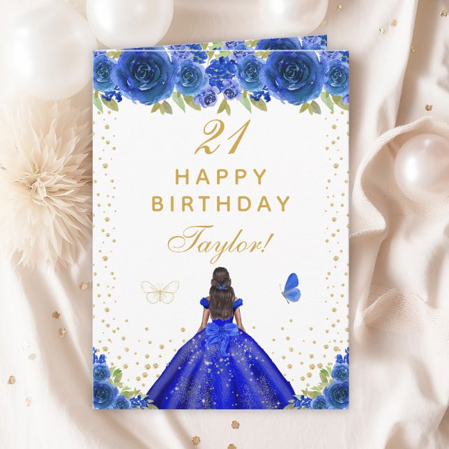 Blue Floral Dark Skin Girl Happy Birthday Card (Creator Uploaded)