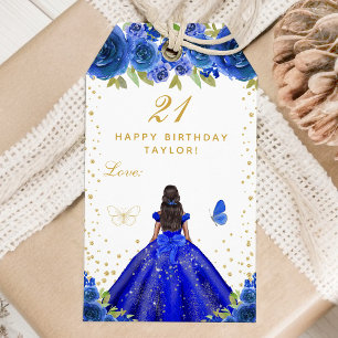 Blue Floral Dark Skin Girl Happy Birthday Gift Tags