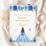 Blue Floral Dark Skin Girl Sweet Sixteen Card<br><div class="desc">This elegant and glamourous sweet sixteen birthday card can be personalised with a name or title such as daughter, granddaughter, niece, friend etc. The design features a beautiful princess with dark hair and dark skin in a blue ball gown. The text combines handwritten script and modern sans serif fonts for...</div>