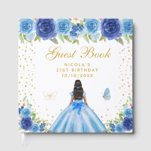 Blue Floral Dark Skin Princess Birthday Party Guest Book