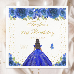 Blue Floral Dark Skin Princess Birthday Party Napkin