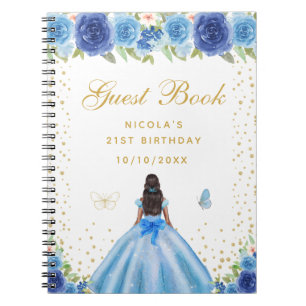 Blue Floral Dark Skin Princess Birthday Party Notebook