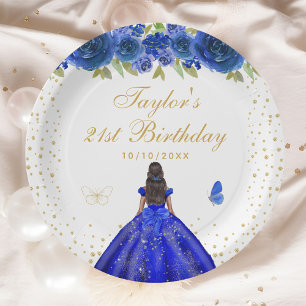 Blue Floral Dark Skin Princess Birthday Party Paper Plate