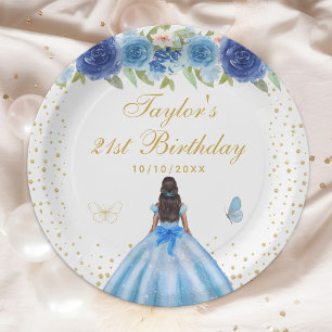 Blue Floral Dark Skin Princess Birthday Party Paper Plate