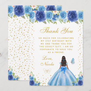 Blue Floral Dark Skin Princess Birthday Party Thank You Card