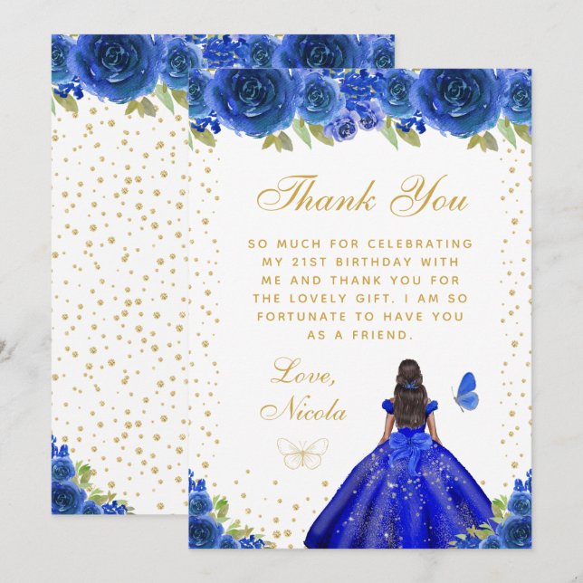 Blue Floral Dark Skin Princess Birthday Party Thank You Card (Front/Back)