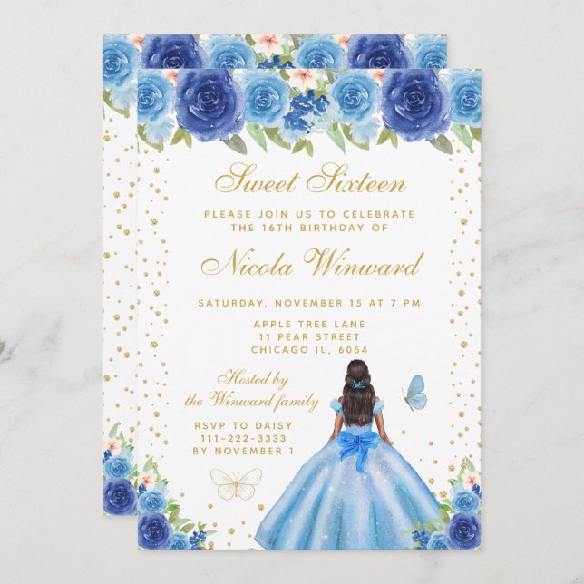 Blue Floral Dark Skin Princess Sweet Sixteen Invitation (Front/Back)