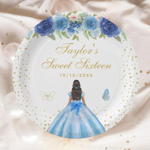 Blue Floral Dark Skin Princess Sweet Sixteen Paper Plate