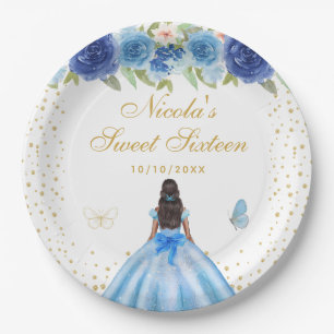 Blue Floral Dark Skin Princess Sweet Sixteen Paper Plate