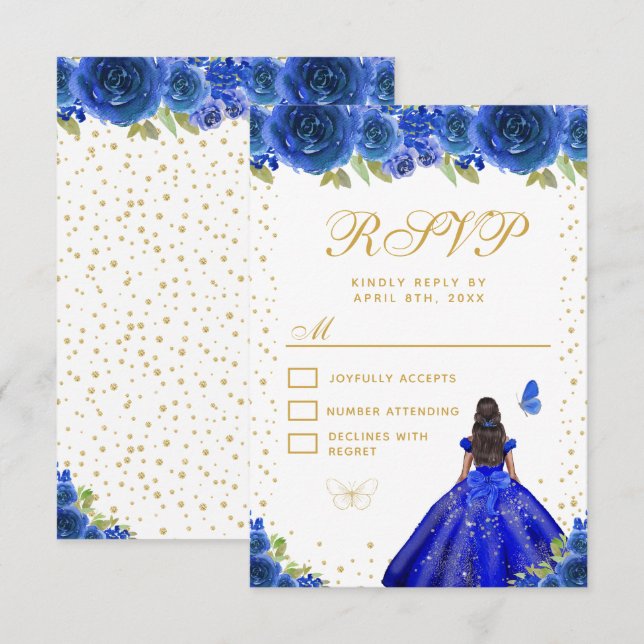 Blue Floral Dark Skin Princess Sweet Sixteen RSVP Card (Front/Back)