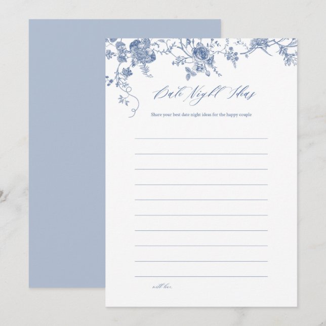 Blue Floral Date Night Ideas Cards (Front/Back)