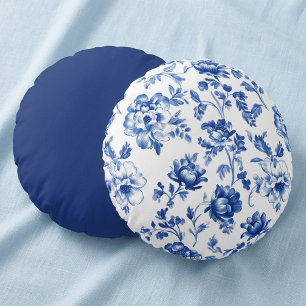 Blue Floral delftware vintage style botanical Round Cushion