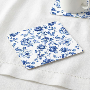 Blue Floral delftware vintage style botanical Square Paper Coaster